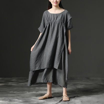 Simple Cotton Tunic Dressfashion Short Sleeve Gray Loose Cotton Dress