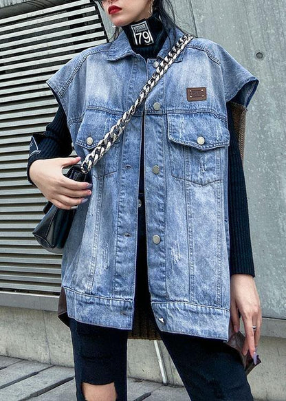 Simple Denim Blue Cotton Blouses for Lapel Sleeveless Midi Spring Tops