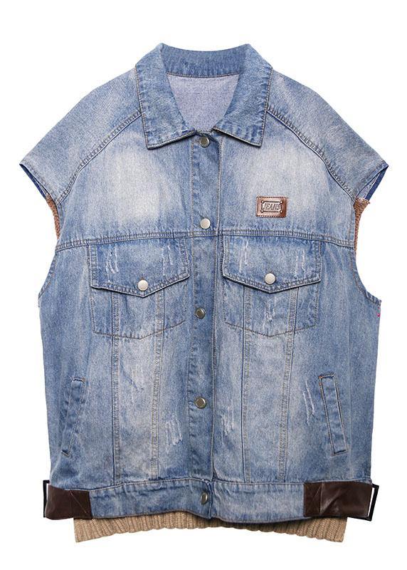 Simple Denim Blue Cotton Blouses for Lapel Sleeveless Midi Spring Tops
