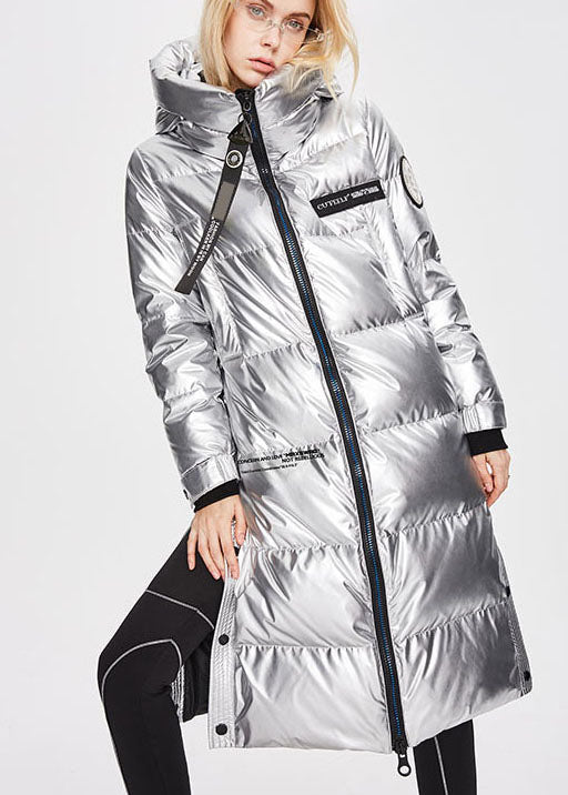 Simple Denim Blue Zippered Lengthen Warm Winter Duck Down Coat