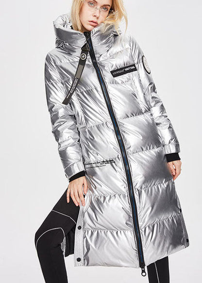 Simple Denim Blue Zippered Lengthen Warm Winter Duck Down Coat