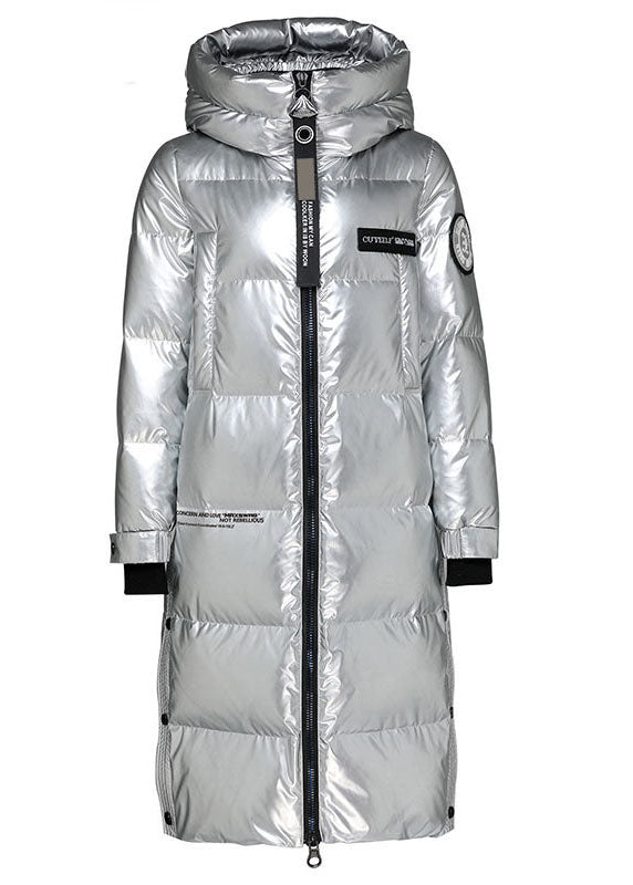 Simple Denim Blue Zippered Lengthen Warm Winter Duck Down Coat