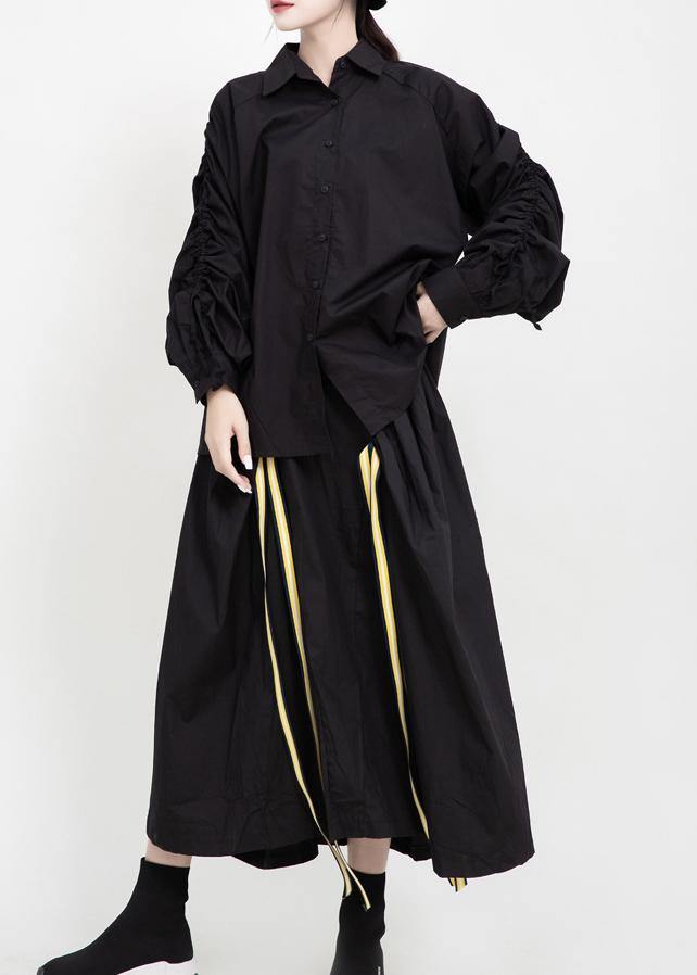 Simple Drawstring Cotton Fall Tops Design Black Blouses