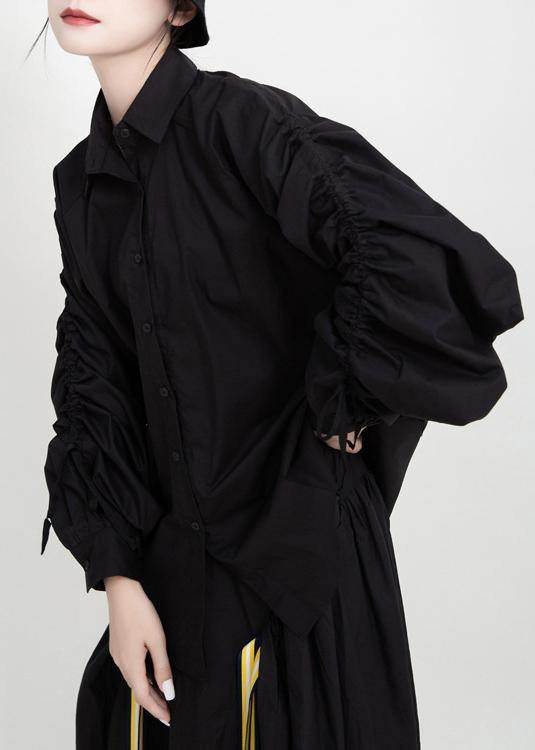 Simple Drawstring Cotton Fall Tops Design Black Blouses