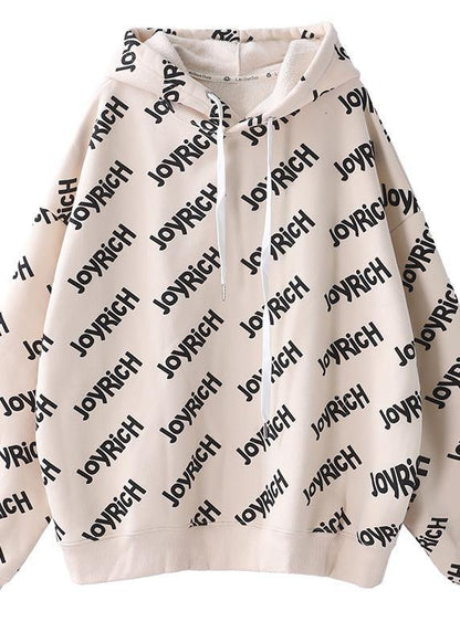 Simple drawstring cotton hooded top silhouette Outfits beige alphabet prints tops