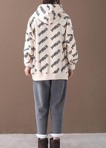 Simple Drawstring Cotton Hooded Top Silhouette Outfits Beige Alphabet Prints Tops