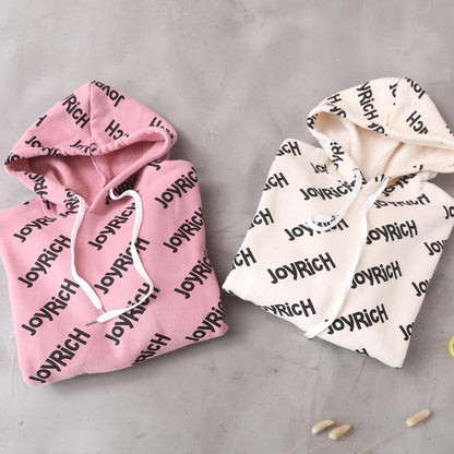 Simple drawstring cotton hooded top silhouette Outfits beige alphabet prints tops