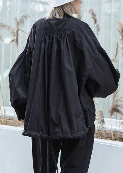 Simple Drawstring Hem Fine Long Coats Black Oversized Outwear Fall