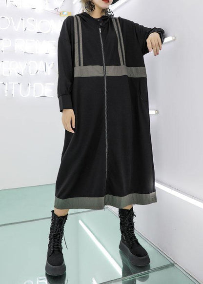 Simple Gray Green Hooded Cotton Tunics Zippered Fall Dresses