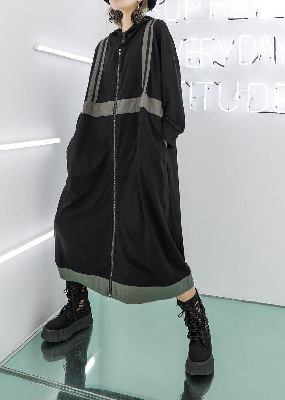 Simple Gray Green Hooded Cotton Tunics Zippered Fall Dresses