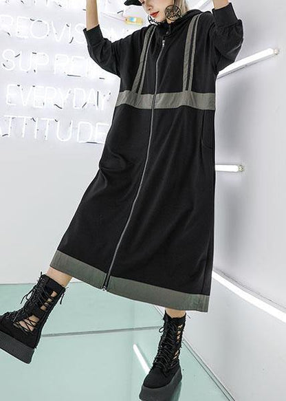 Simple Gray Green Hooded Cotton Tunics Zippered Fall Dresses