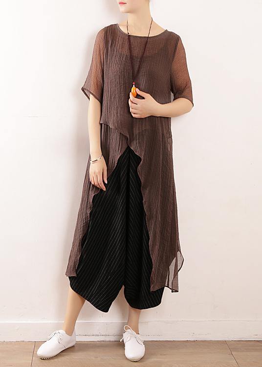 Simple Gray Linen Tops Blouses O Neck Knee Summer Shirt
