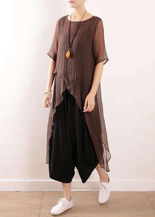 Simple Gray Linen Tops Blouses O Neck Knee Summer Shirt
