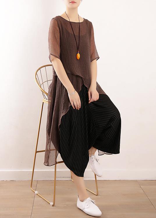 Simple Gray Linen Tops Blouses O Neck Knee Summer Shirt