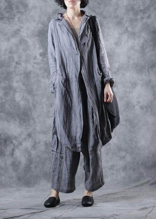 Simple Gray Linen Tunic Top Lapel Collar Midi Long Sleeve Coat