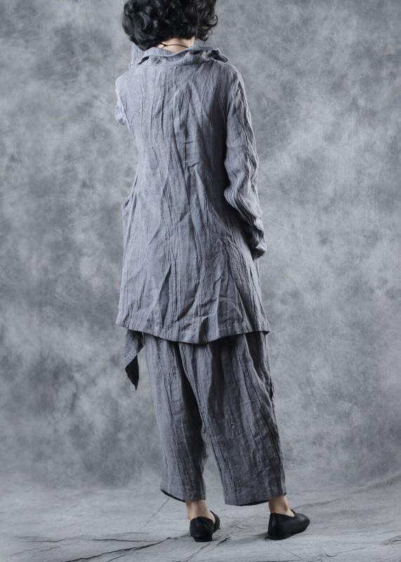 Simple Gray Linen Tunic Top Lapel Collar Midi Long Sleeve Coat