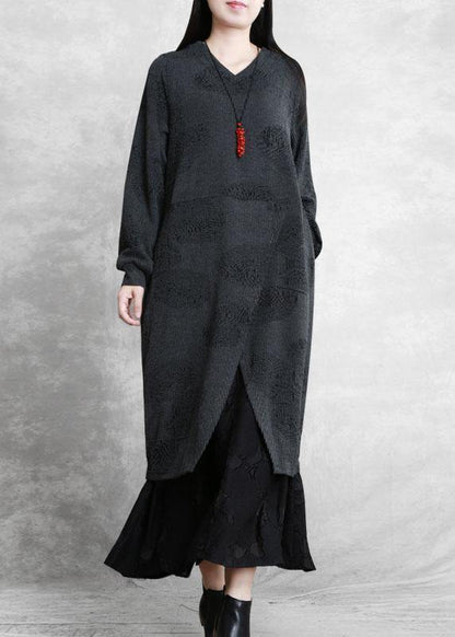 Simple Gray Quilting Dresses V Neck Patchwork Robe Fall Dresses