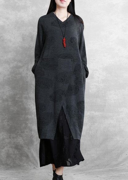 Simple Gray Quilting Dresses V Neck Patchwork Robe Fall Dresses