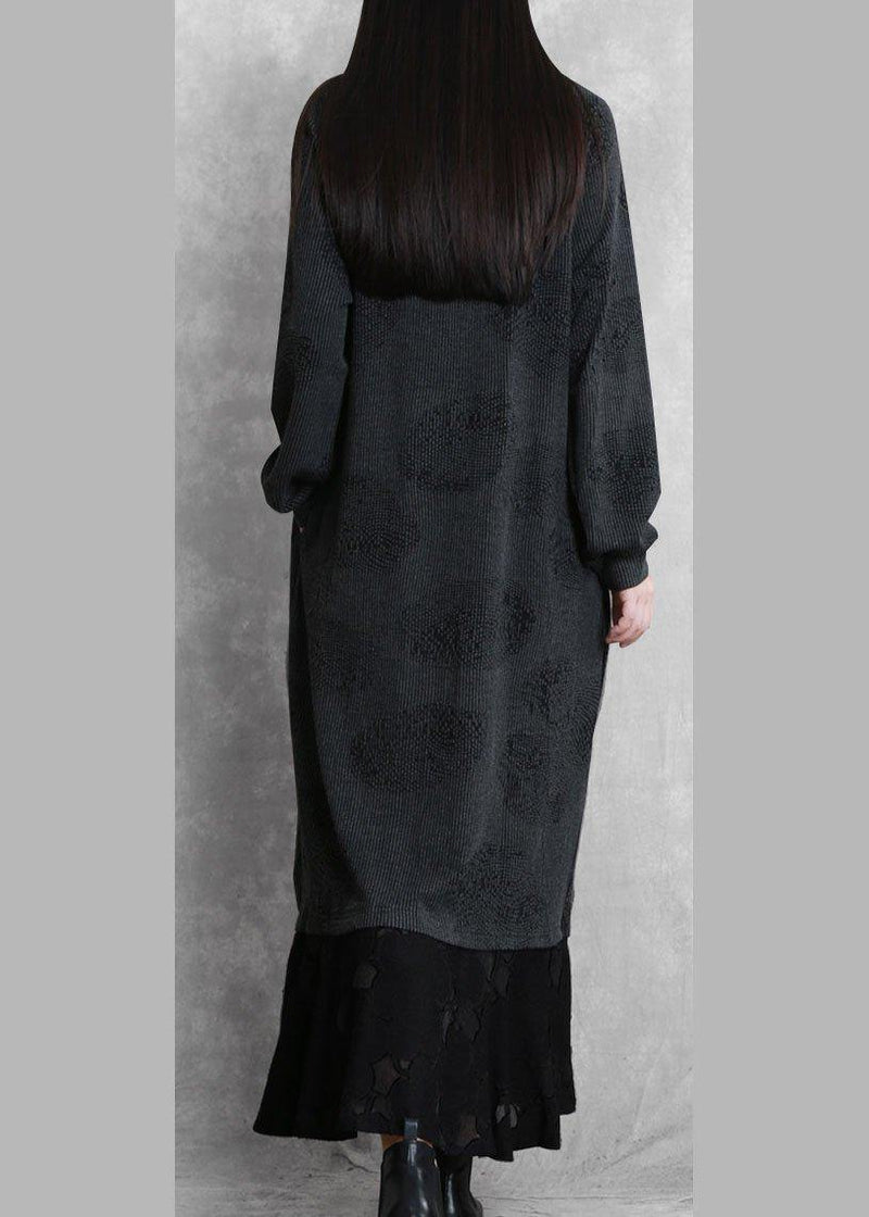 Simple Gray Quilting Dresses V Neck Patchwork Robe Fall Dresses