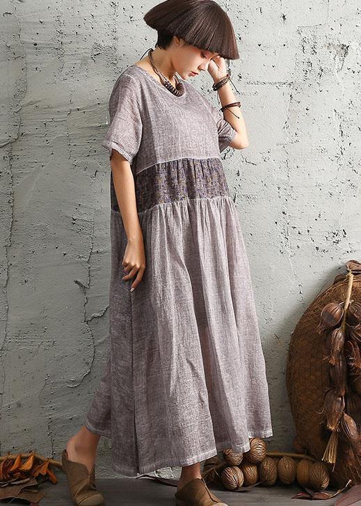 Simple Gray Short Sleeve Cotton Dresses Patchwork Cotton Summer Dresses