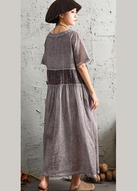 Simple Gray Short Sleeve Cotton Dresses Patchwork Cotton Summer Dresses