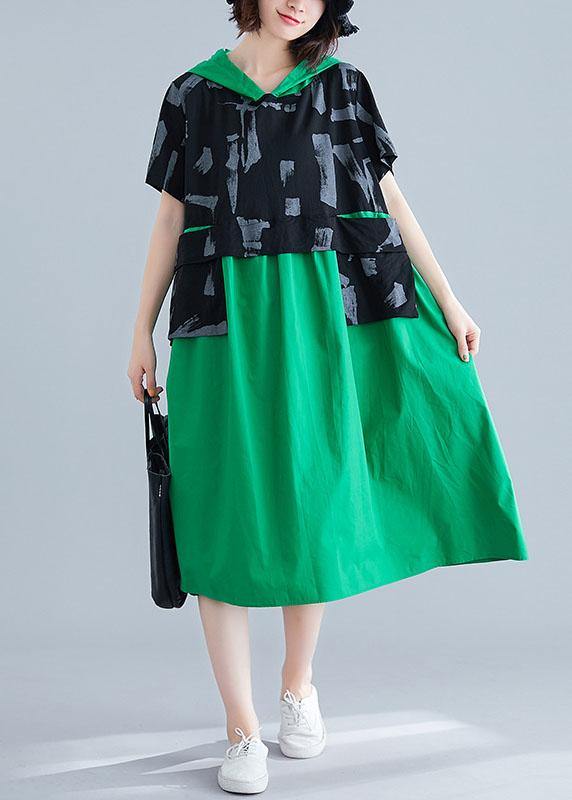 Simple Green Hooded Cotton Clothes Patchwork Art Summer Dresses
