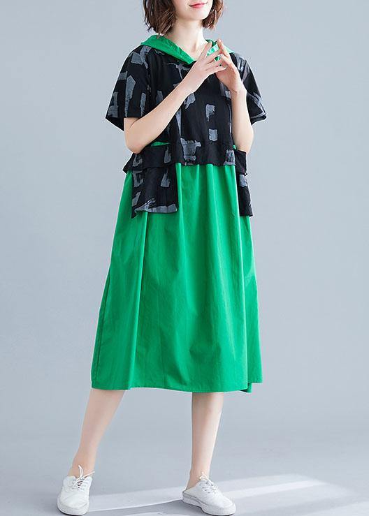 Simple Green Hooded Cotton Clothes Patchwork Art Summer Dresses