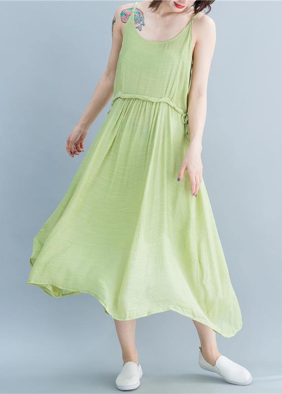 Simple Green Linen Dresses Spaghetti Strap Drawstring Loose Summer Dresses