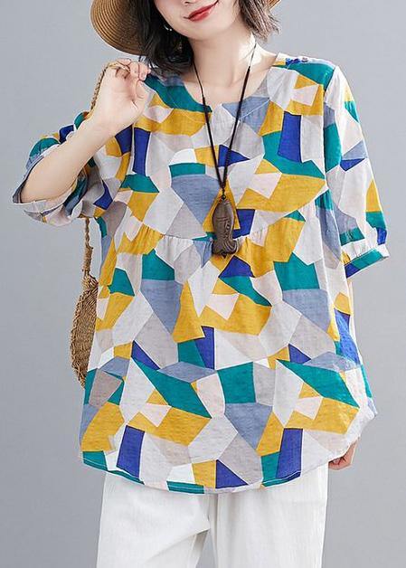 Simple Green Print Linen Clothes for Shape O Neck Lantern Sleeve Summer Top