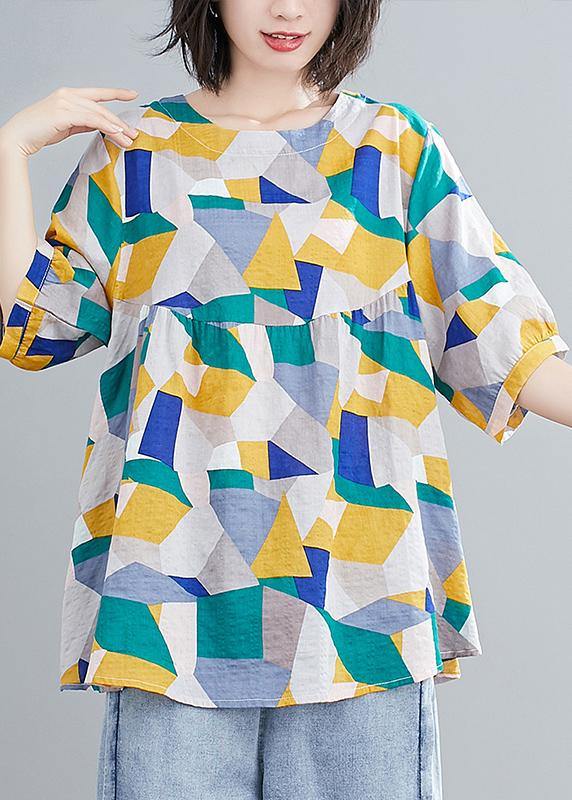 Simple Green Print Linen Clothes for Shape O Neck Lantern Sleeve Summer Top