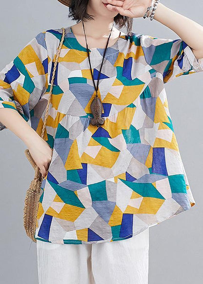 Simple Green Print Linen Clothes for Shape O Neck Lantern Sleeve Summer Top