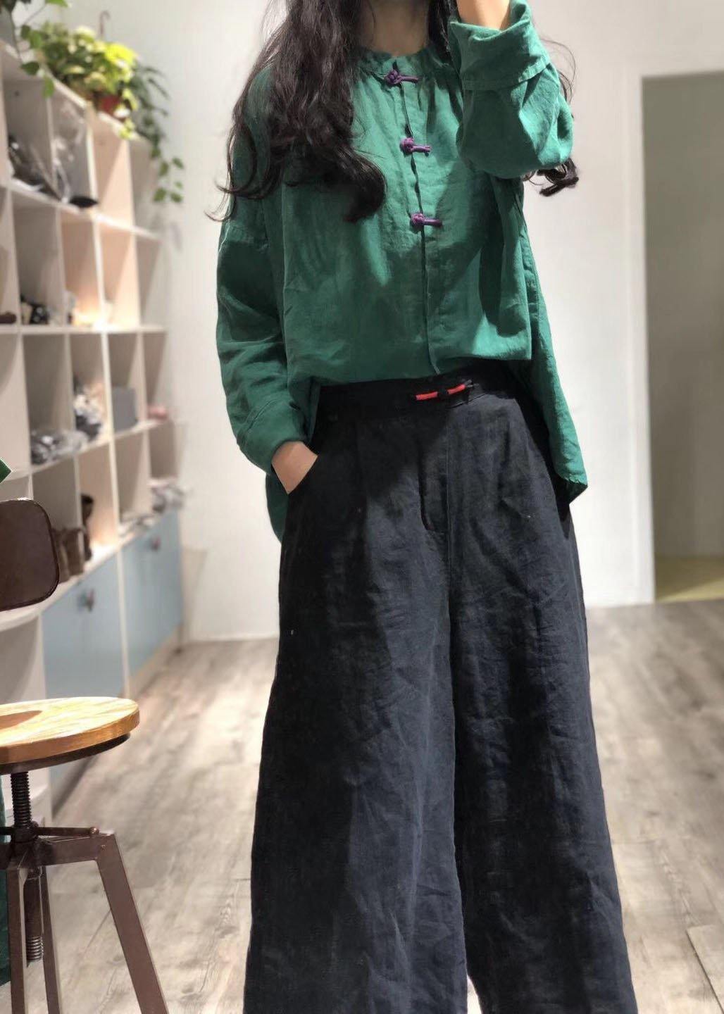 Simple green stand collar linen blouses for women Chinese Button silhouette fall blouse