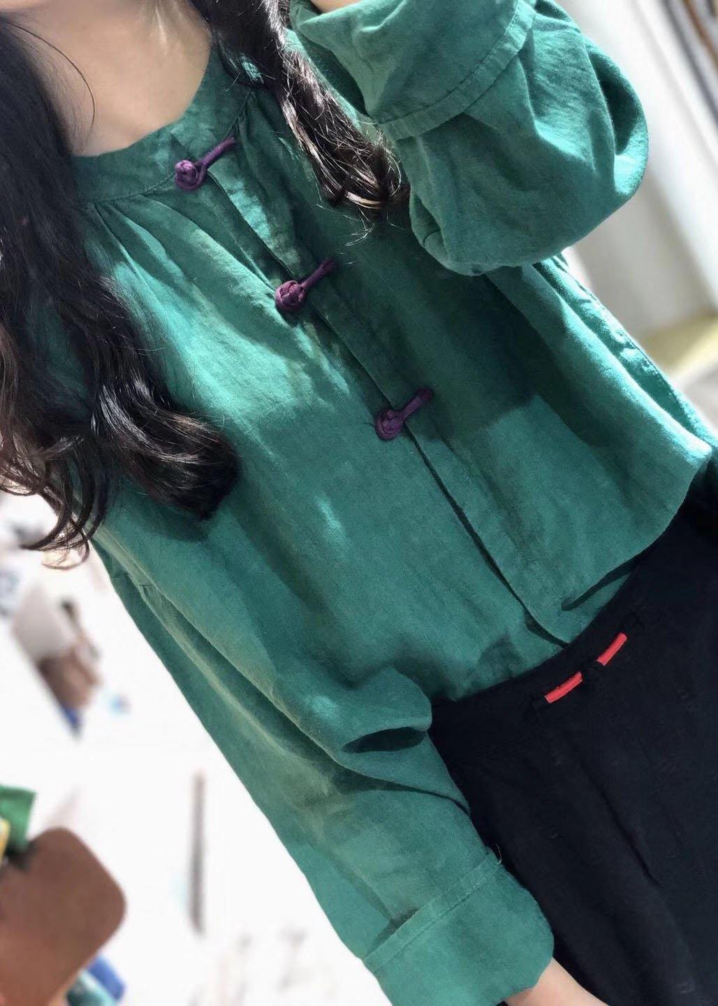 Simple green stand collar linen blouses for women Chinese Button silhouette fall blouse