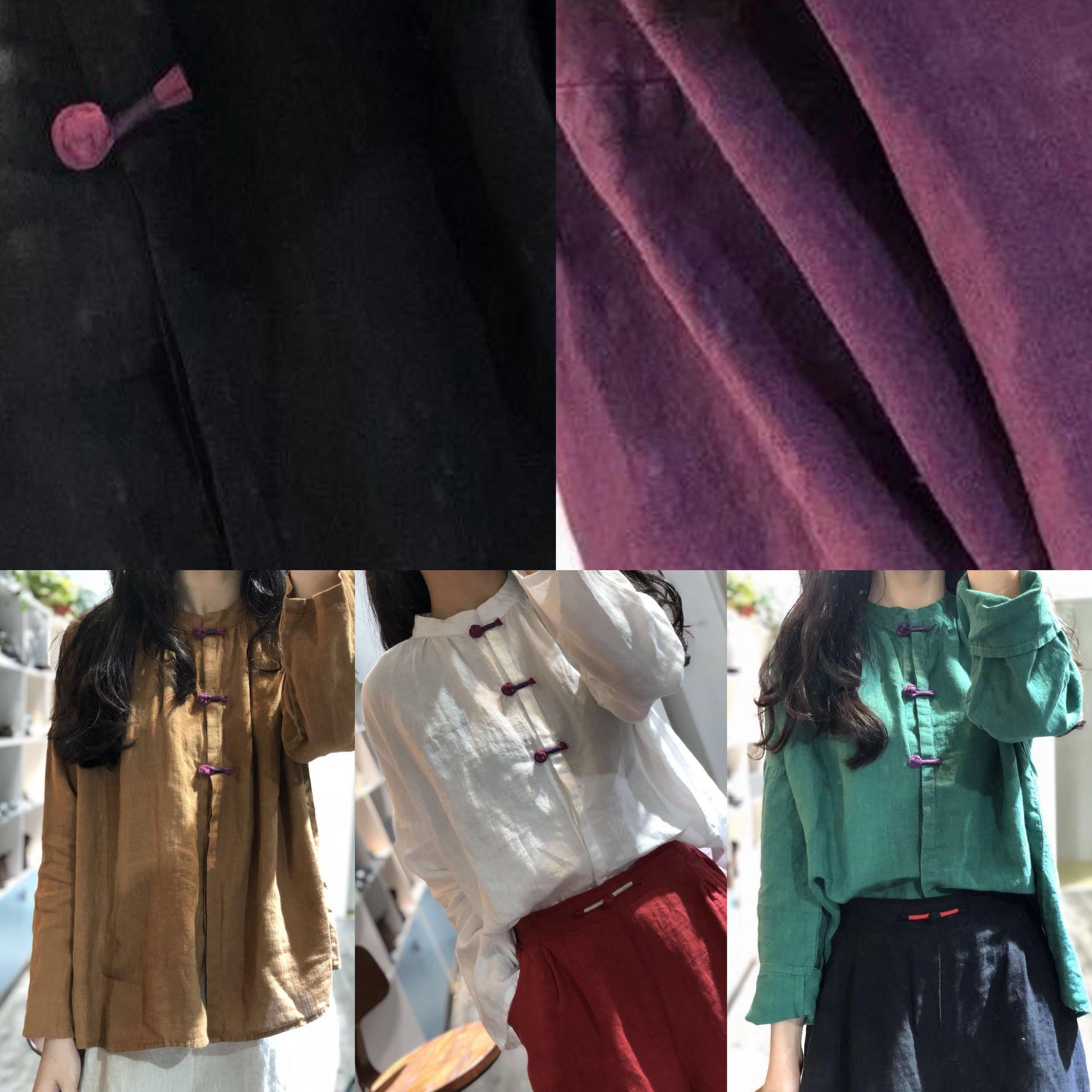 Simple green stand collar linen blouses for women Chinese Button silhouette fall blouse