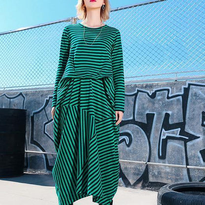 Simple Green Striped Cotton Tunics Korea Photography Asymmetric Maxi Dresses