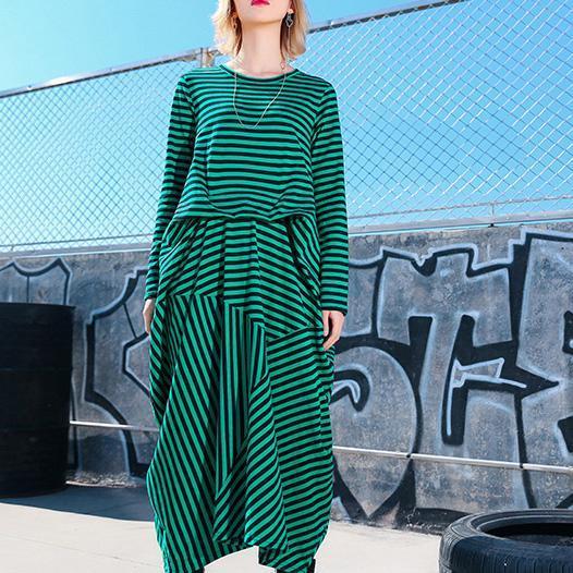Simple Green Striped Cotton Tunics Korea Photography Asymmetric Maxi Dresses