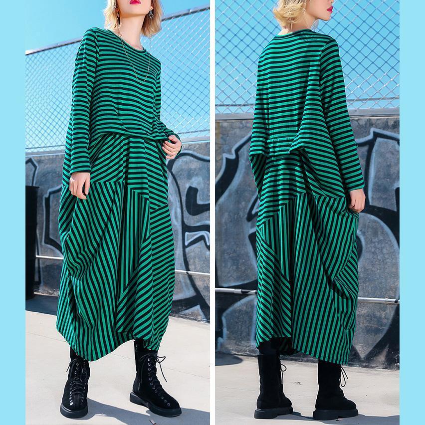 Simple Green Striped Cotton Tunics Korea Photography Asymmetric Maxi Dresses