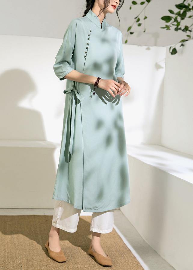 Simple Green Tunic Top Stand Collar Tie Waist Dress