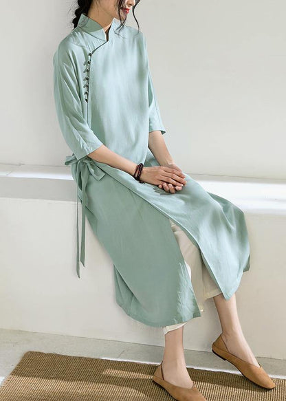 Simple Green Tunic Top Stand Collar Tie Waist Dress