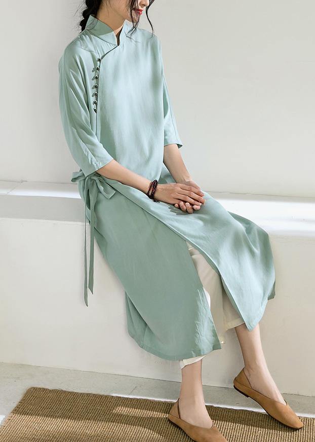 Simple Green Tunic Top Stand Collar Tie Waist Dress