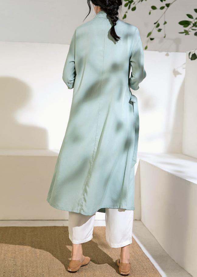 Simple Green Tunic Top Stand Collar Tie Waist Dress
