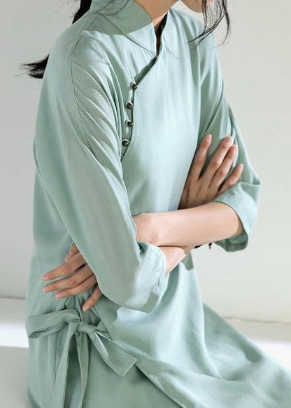 Simple Green Tunic Top Stand Collar Tie Waist Dress