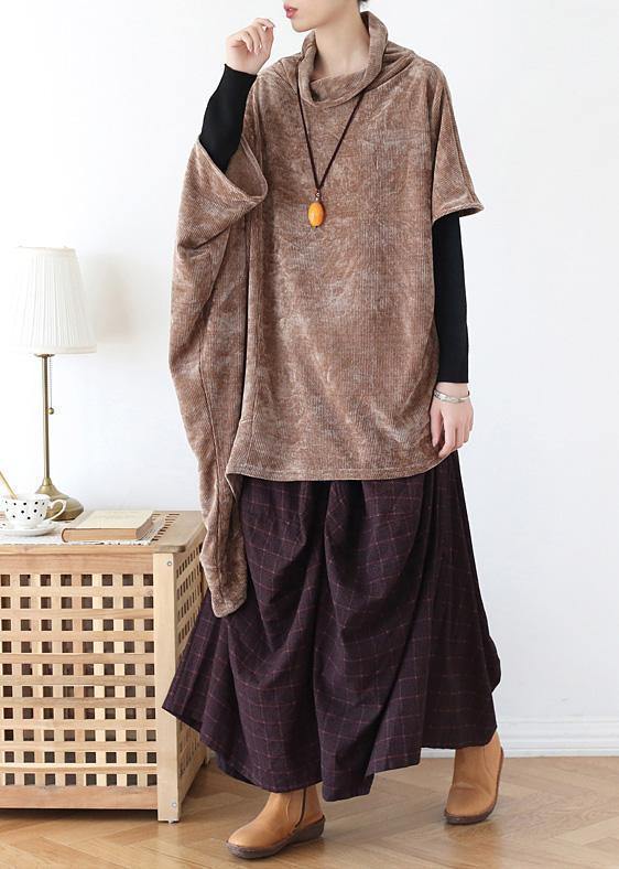 Simple High Neck Asymmetric Cotton Tops Khaki Tops