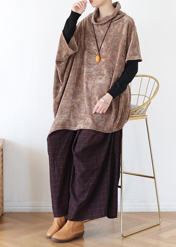 Simple high neck asymmetric cotton tops women khaki tops