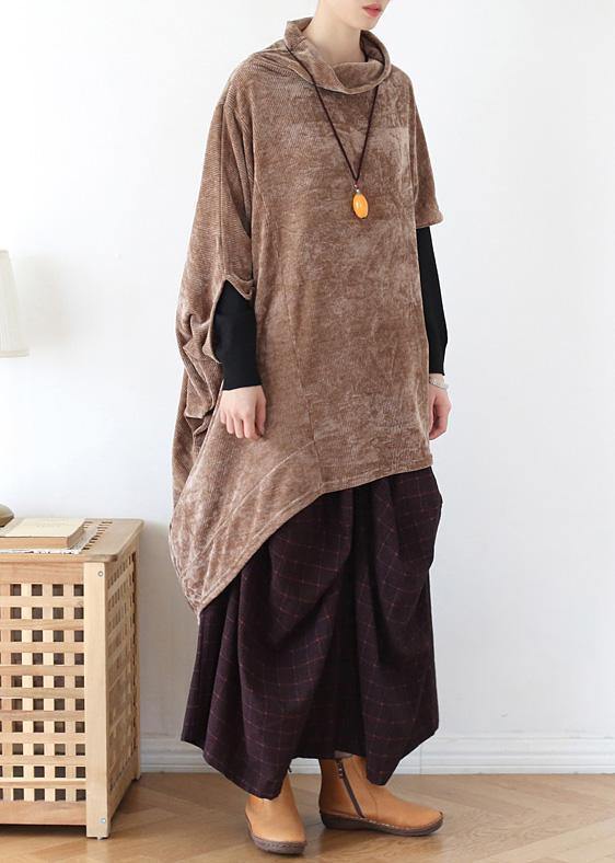 Simple high neck asymmetric cotton tops women khaki tops