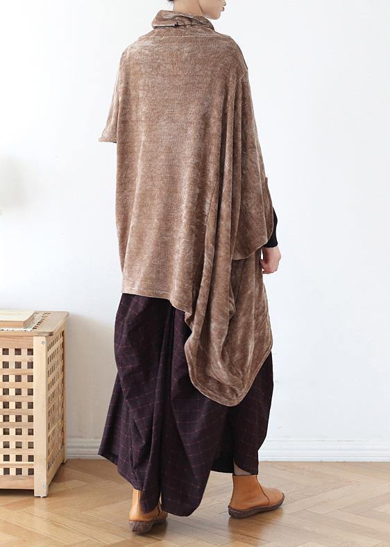 Simple high neck asymmetric cotton tops women khaki tops