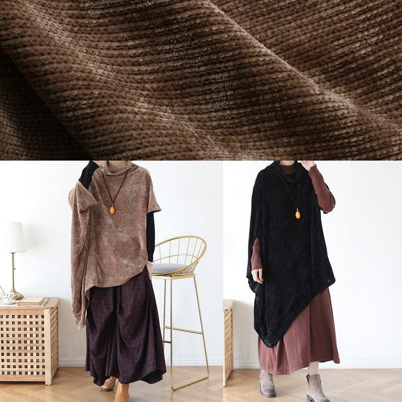 Simple High Neck Asymmetric Cotton Tops Khaki Tops