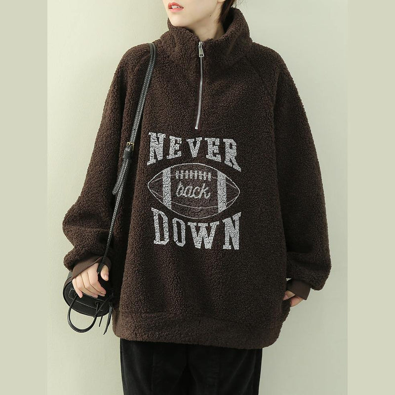 Simple High Neck Zippered Clothes Black Letter Fuzzy Wool Top