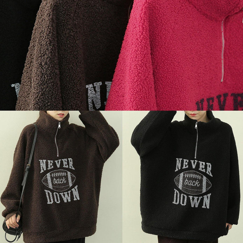 Simple High Neck Zippered Clothes Black Letter Fuzzy Wool Top