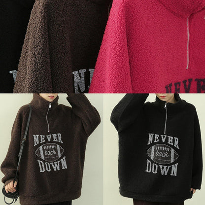 Simple High Neck Zippered Clothes Black Letter Fuzzy Wool Top